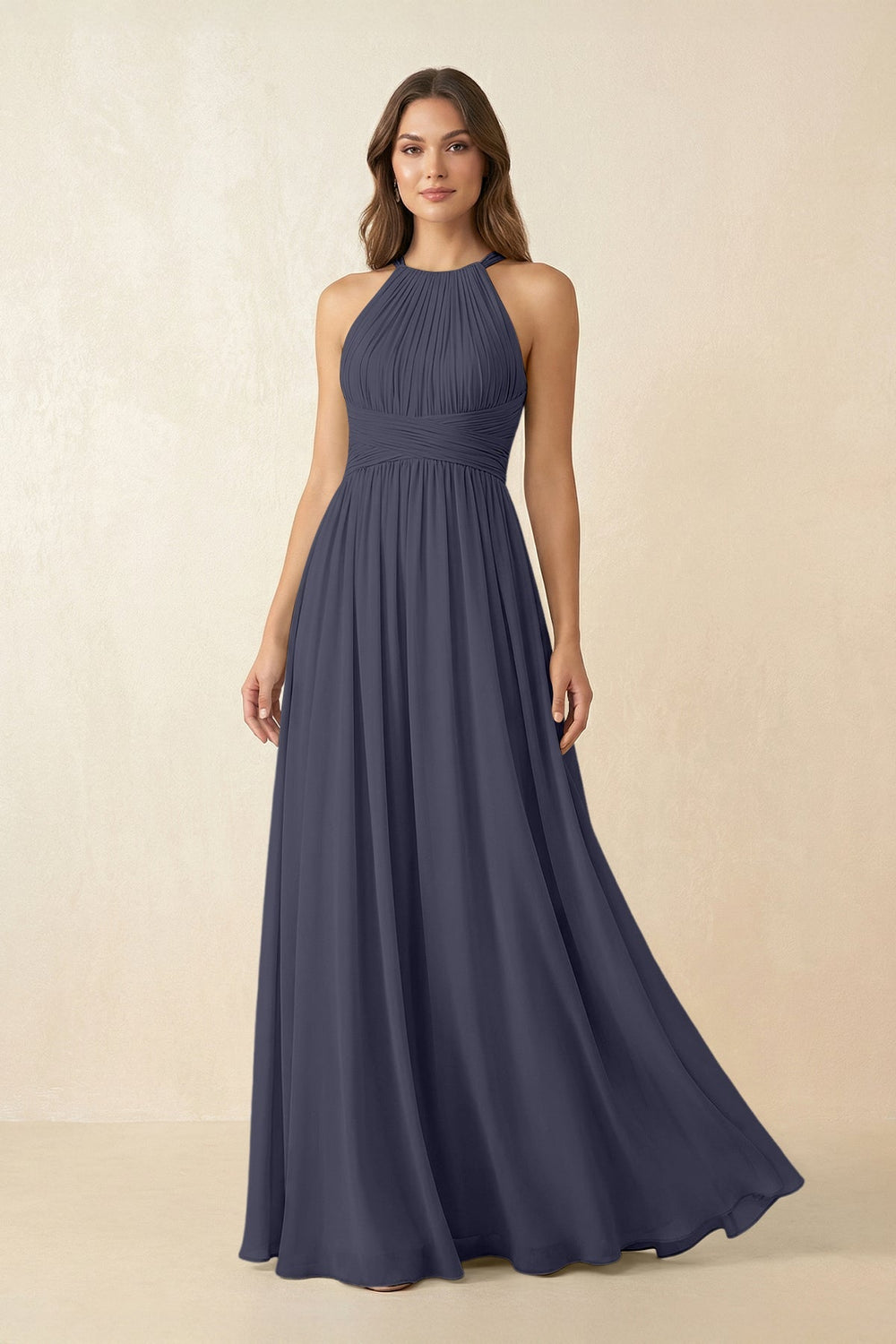 Halter Pleated A - Line Chiffon Bridesmaid Dress in Dusk Blue - SHE IS ME Bridesmaid Dresses