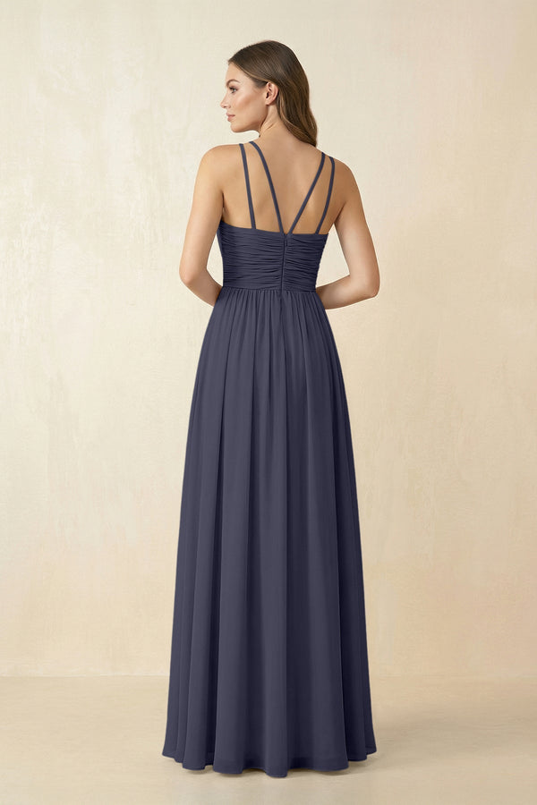 Halter Pleated A - Line Chiffon Bridesmaid Dress in Dusk Blue - SHE IS ME Bridesmaid Dresses