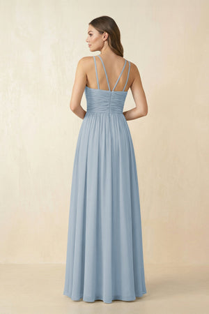 Halter Pleated A - Line Chiffon Bridesmaid Dress in Dusty Blue - SHE IS ME Bridesmaid Dresses