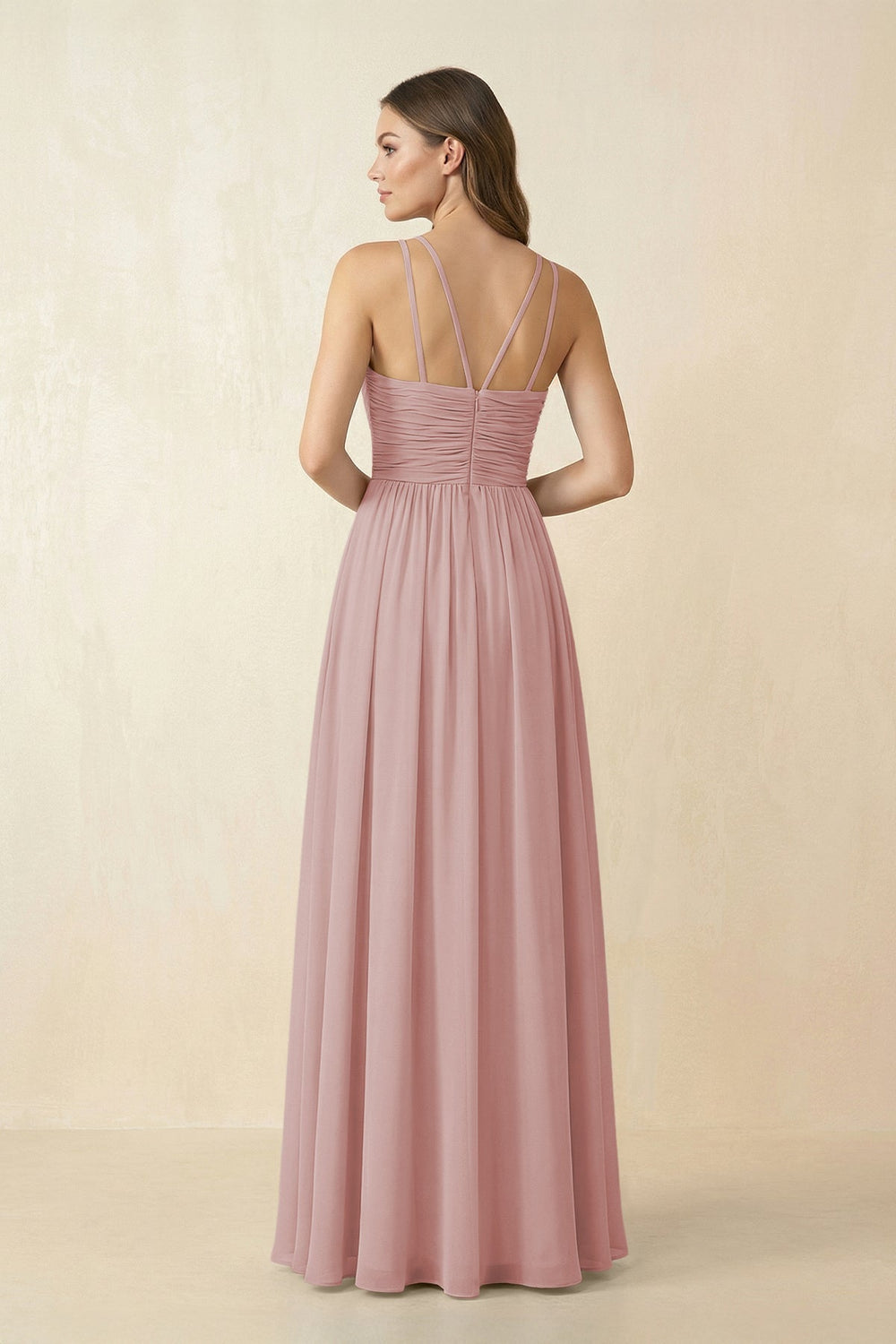 Halter Pleated A - Line Chiffon Bridesmaid Dress in Dusty Rose - SHE IS ME Bridesmaid Dresses