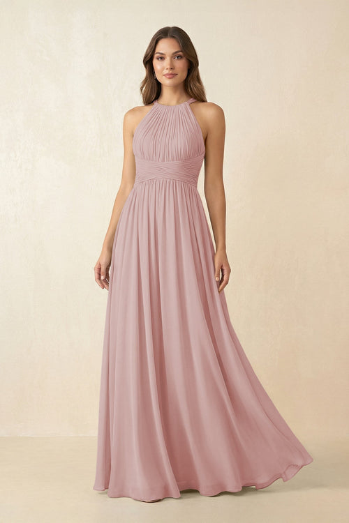 Halter Pleated A - Line Chiffon Bridesmaid Dress in Dusty Rose - SHE IS ME Bridesmaid Dresses
