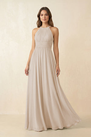 Halter Pleated A - Line Chiffon Bridesmaid Dress in Frost - SHE IS ME Bridesmaid Dresses