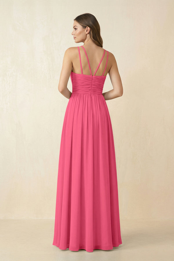 Halter Pleated A - Line Chiffon Bridesmaid Dress in Fuchsia - SHE IS ME Bridesmaid Dresses