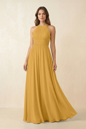 Halter Pleated A - Line Chiffon Bridesmaid Dress in Marigold - SHE IS ME Bridesmaid Dresses