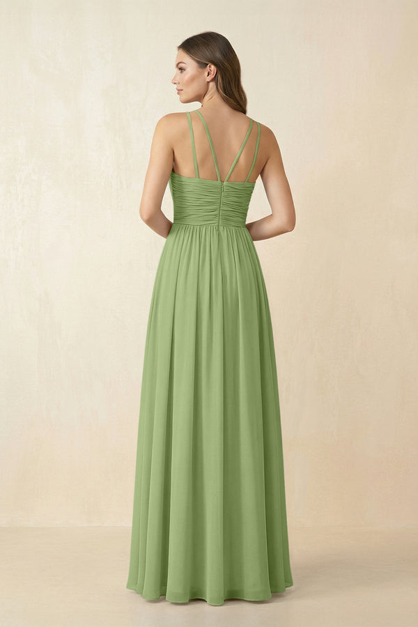 Halter Pleated A - Line Chiffon Bridesmaid Dress in Matcha - SHE IS ME Bridesmaid Dresses