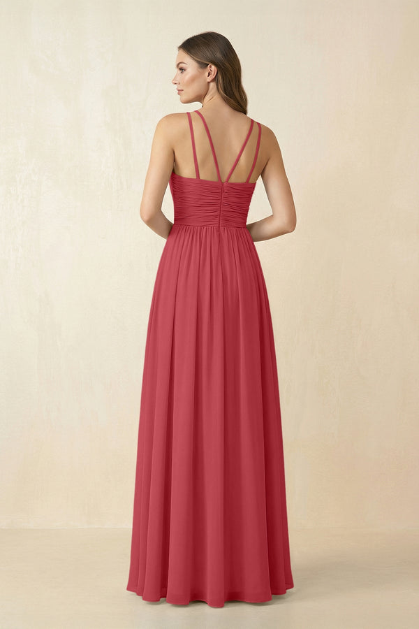 Halter Pleated A - Line Chiffon Bridesmaid Dress in Merlot - SHE IS ME Bridesmaid Dresses