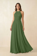 Halter Pleated A - Line Chiffon Bridesmaid Dress in Moss - SHE IS ME Bridesmaid Dresses