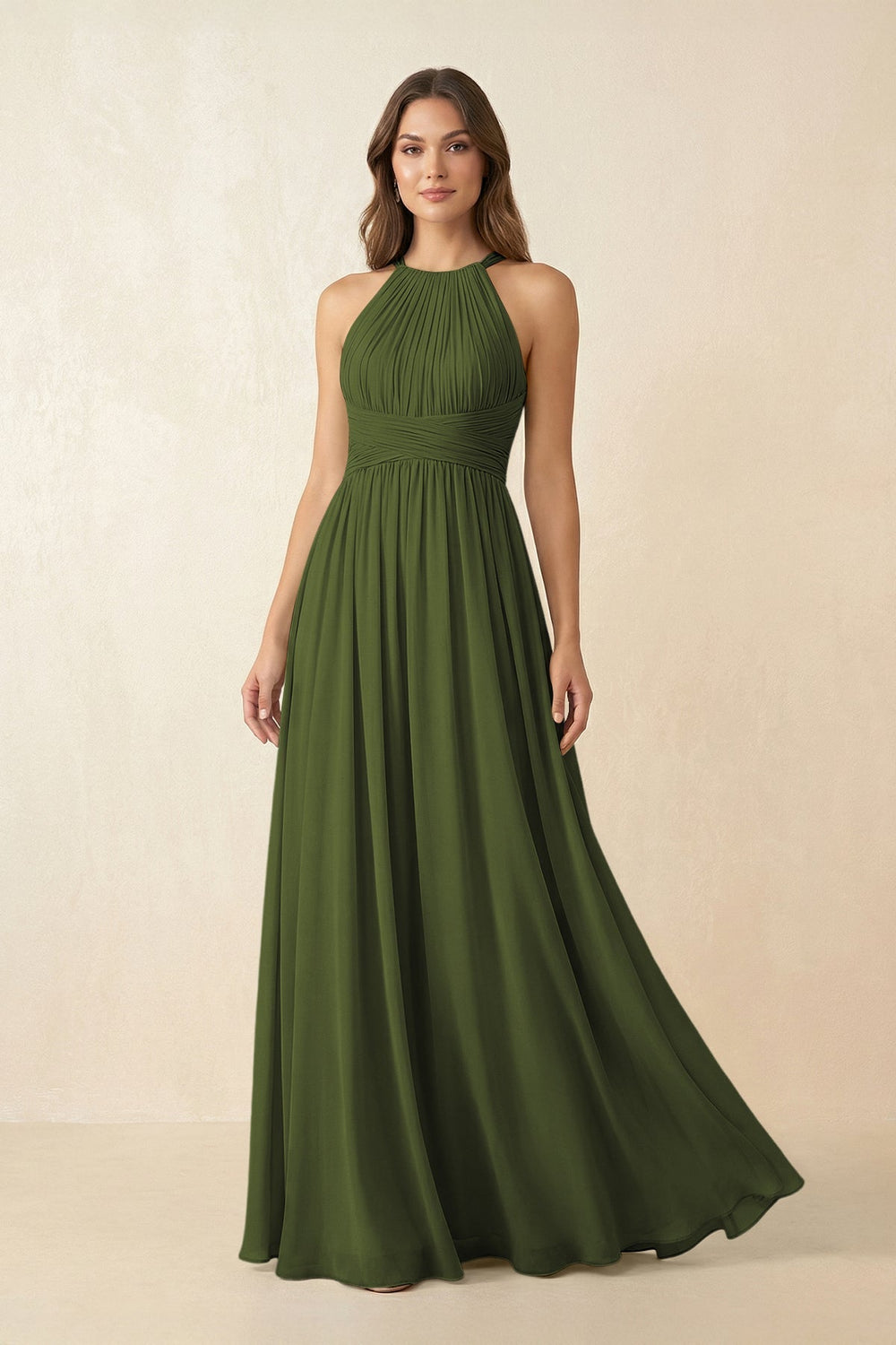 Halter Pleated A - Line Chiffon Bridesmaid Dress in Olive - SHE IS ME Bridesmaid Dresses