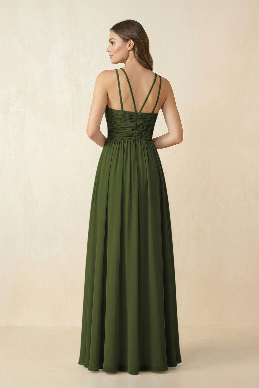 Halter Pleated A - Line Chiffon Bridesmaid Dress in Olive - SHE IS ME Bridesmaid Dresses