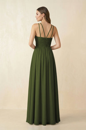 Halter Pleated A - Line Chiffon Bridesmaid Dress in Olive - SHE IS ME Bridesmaid Dresses