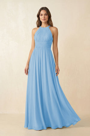 Halter Pleated A - Line Chiffon Bridesmaid Dress in Steel Blue - SHE IS ME Bridesmaid Dresses