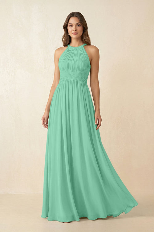 Halter Pleated A - Line Chiffon Bridesmaid Dress in Turquoise - SHE IS ME Bridesmaid Dresses