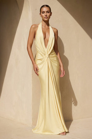 Halter Pleated Backless Maxi Dress in Yellow - SHE IS ME