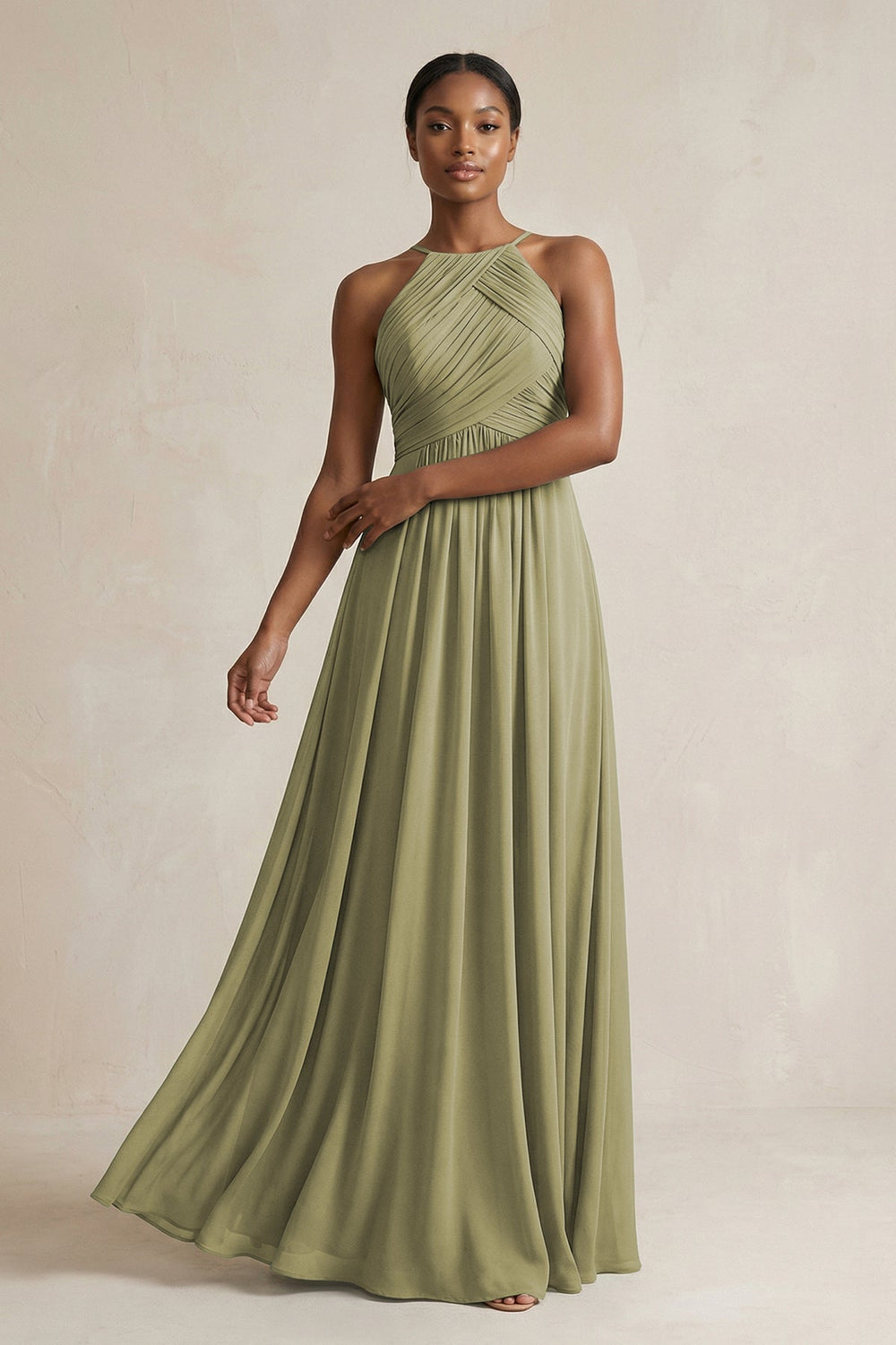 Halter Pleated Chiffon A - Line Bridesmaid Dress in Thyme - SHE IS ME Bridesmaid Dresses