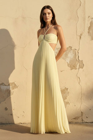 Halter Pleated Maxi Dress With Cutout in Yellow - SHE IS ME