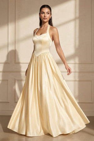 Halter Satin A - Line Maxi Dress in Yellow - SHE IS ME