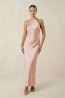 Halter Satin Sheath Midi Bridesmaid Dress in Pale Blush - SHE IS ME Bridesmaid Dresses