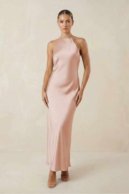 Halter Satin Sheath Midi Bridesmaid Dress in Pale Blush - SHE IS ME Bridesmaid Dresses