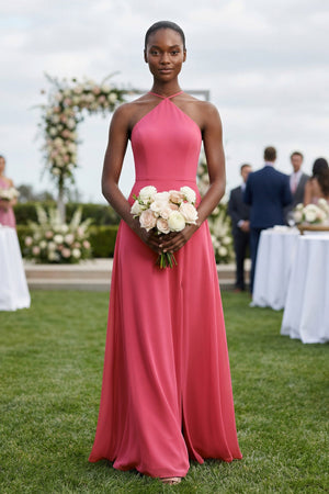 Halter Sheath Chiffon Bridesmaid Dress with Slit in Fuchsia - SHE IS ME Bridesmaid Dresses