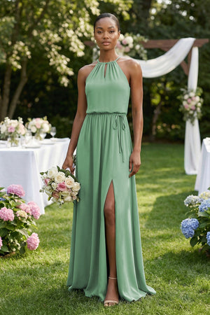 Halter Sheath Ruched Chiffon Bridesmaid Dress in Sea Glass - SHE IS ME Bridesmaid Dresses