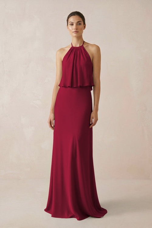 Halter Sheath Ruffled Chiffon Bridesmaid Dress in Berry - SHE IS ME Bridesmaid Dresses