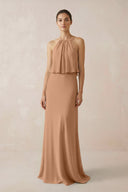 Halter Sheath Ruffled Chiffon Bridesmaid Dress in Bronzer - SHE IS ME Bridesmaid Dresses