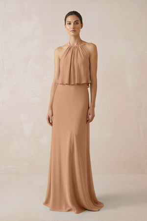 Halter Sheath Ruffled Chiffon Bridesmaid Dress in Bronzer - SHE IS ME Bridesmaid Dresses