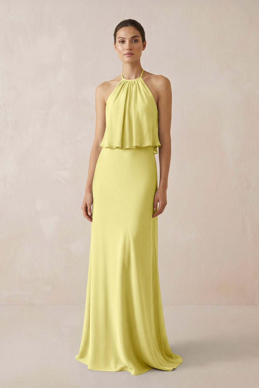 Halter Sheath Ruffled Chiffon Bridesmaid Dress in Buttercup - SHE IS ME Bridesmaid Dresses