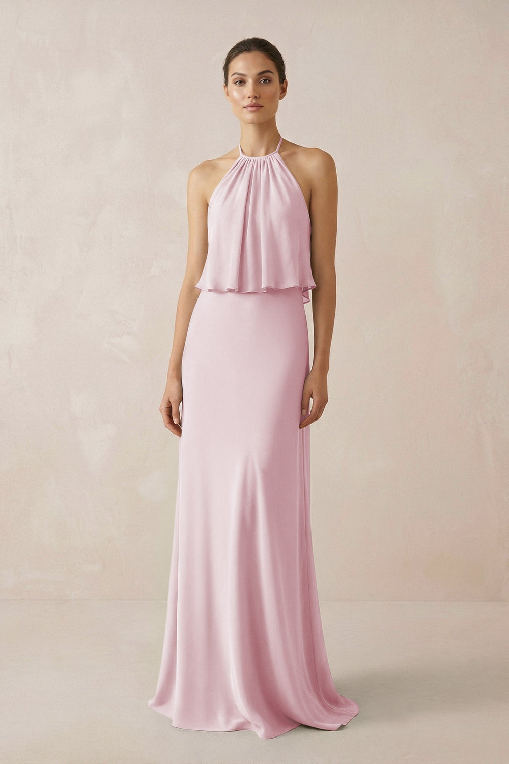 Halter Sheath Ruffled Chiffon Bridesmaid Dress in Candy Pink - SHE IS ME Bridesmaid Dresses