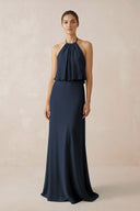 Halter Sheath Ruffled Chiffon Bridesmaid Dress in Dark Navy - SHE IS ME Bridesmaid Dresses