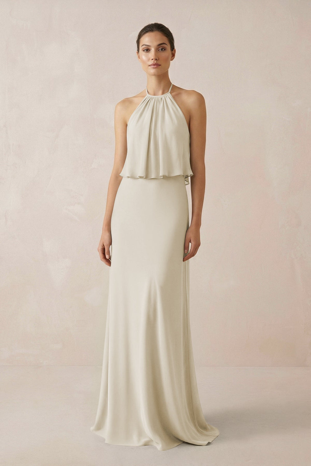Halter Sheath Ruffled Chiffon Bridesmaid Dress in Dove Gray - SHE IS ME Bridesmaid Dresses