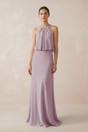 Halter Sheath Ruffled Chiffon Bridesmaid Dress in Dusk - SHE IS ME Bridesmaid Dresses