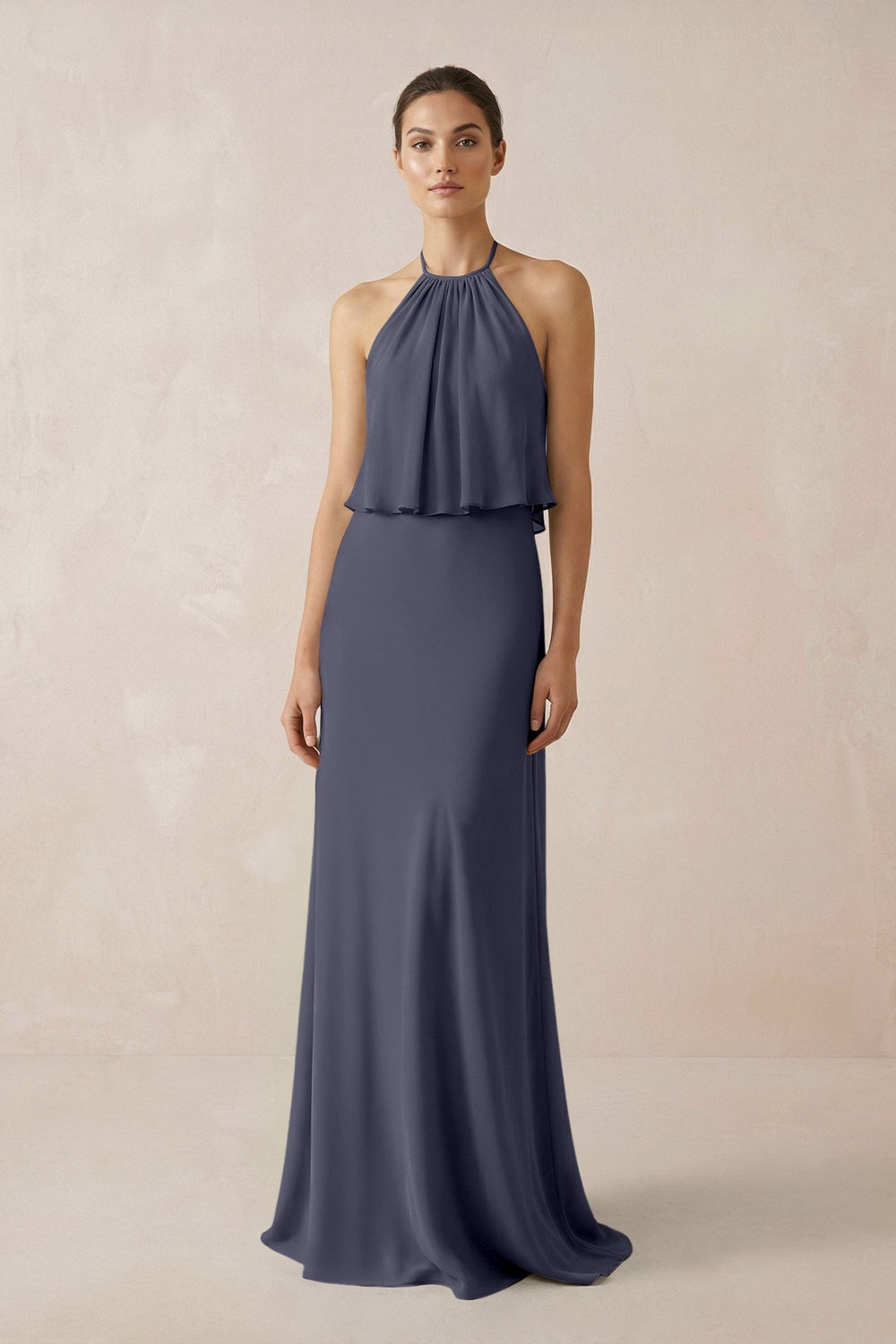 Halter Sheath Ruffled Chiffon Bridesmaid Dress in Dusk Blue - SHE IS ME Bridesmaid Dresses