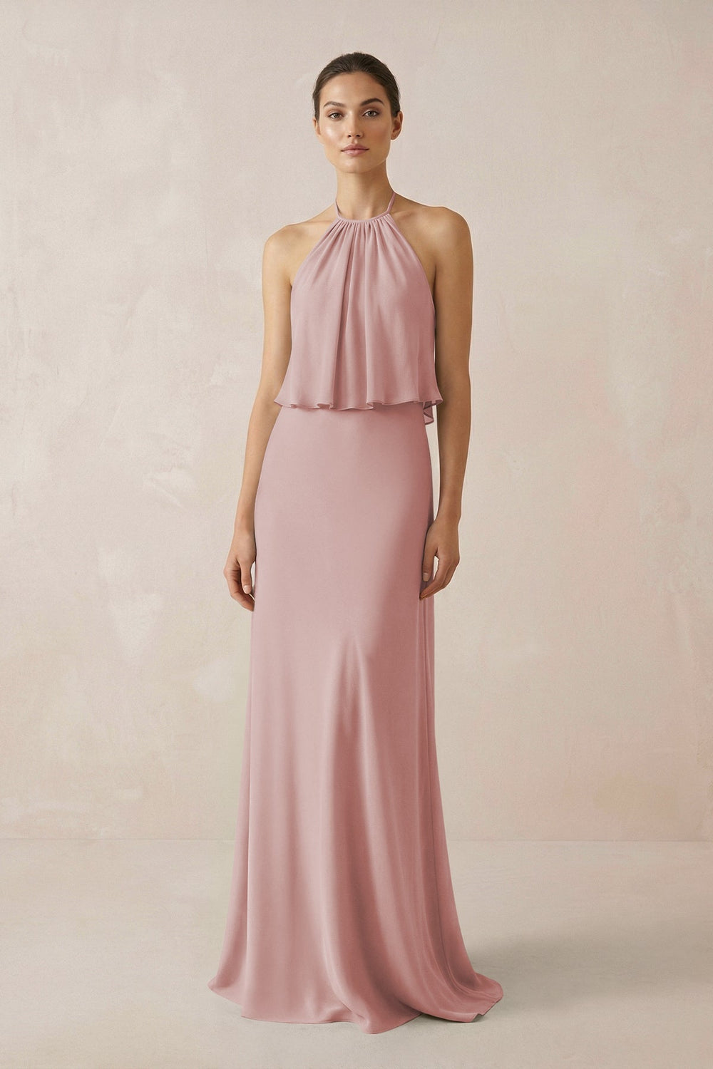 Halter Sheath Ruffled Chiffon Bridesmaid Dress in Dusty Rose - SHE IS ME Bridesmaid Dresses
