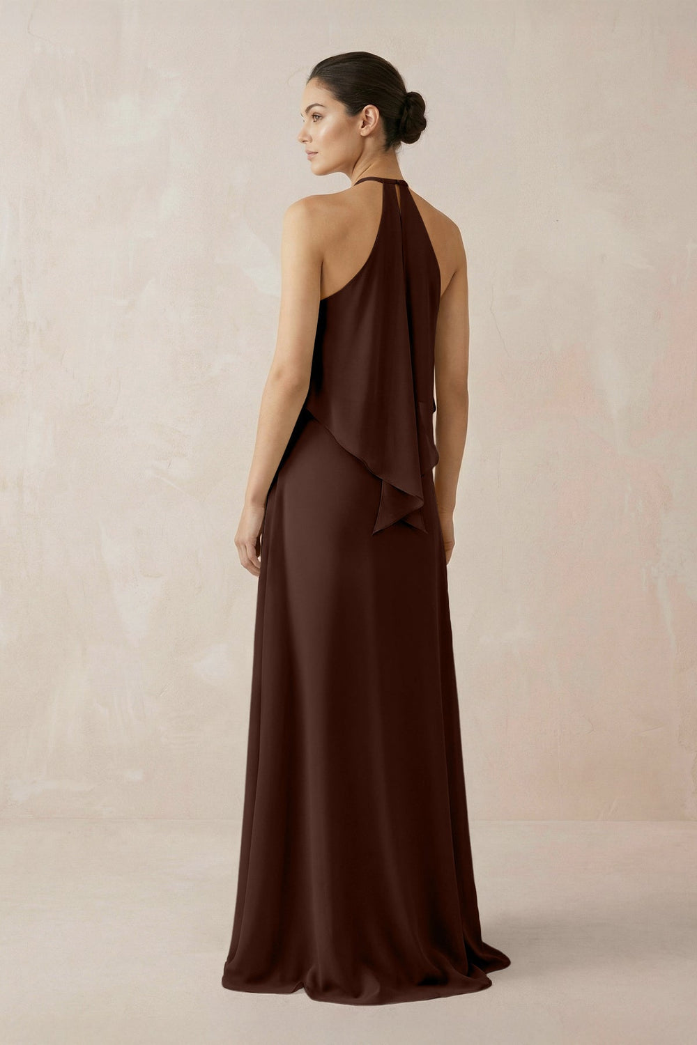 Halter Sheath Ruffled Chiffon Bridesmaid Dress in Espresso - SHE IS ME Bridesmaid Dresses