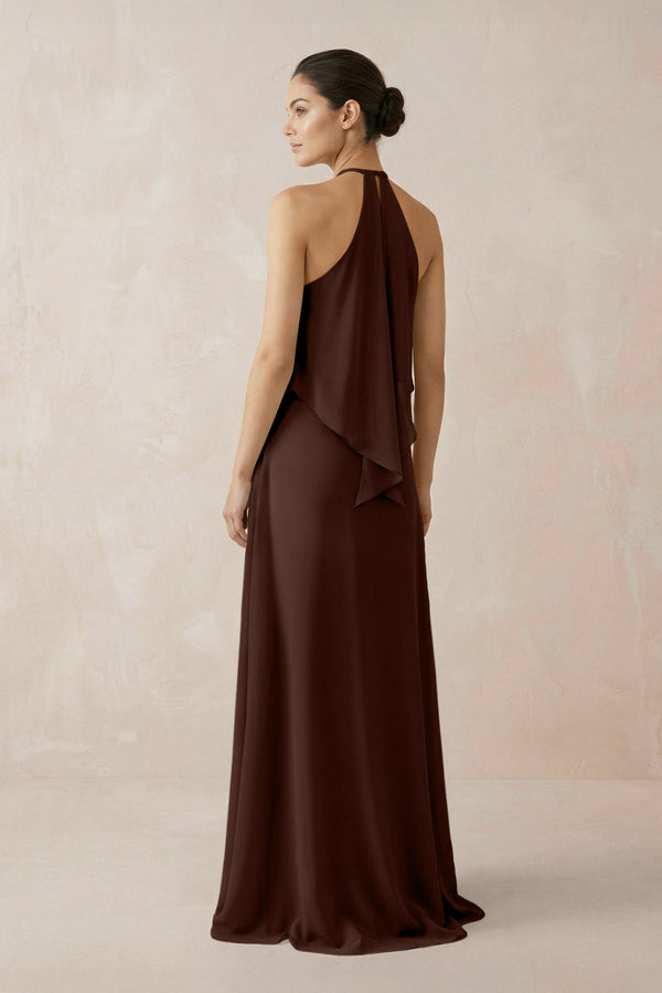 Halter Sheath Ruffled Chiffon Bridesmaid Dress in Espresso - SHE IS ME Bridesmaid Dresses