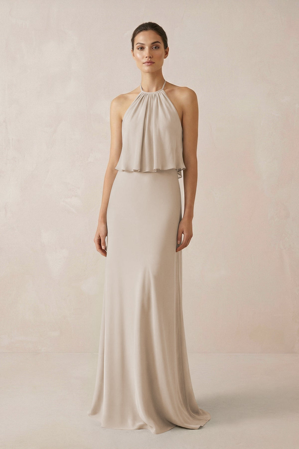 Halter Sheath Ruffled Chiffon Bridesmaid Dress in Frost - SHE IS ME Bridesmaid Dresses