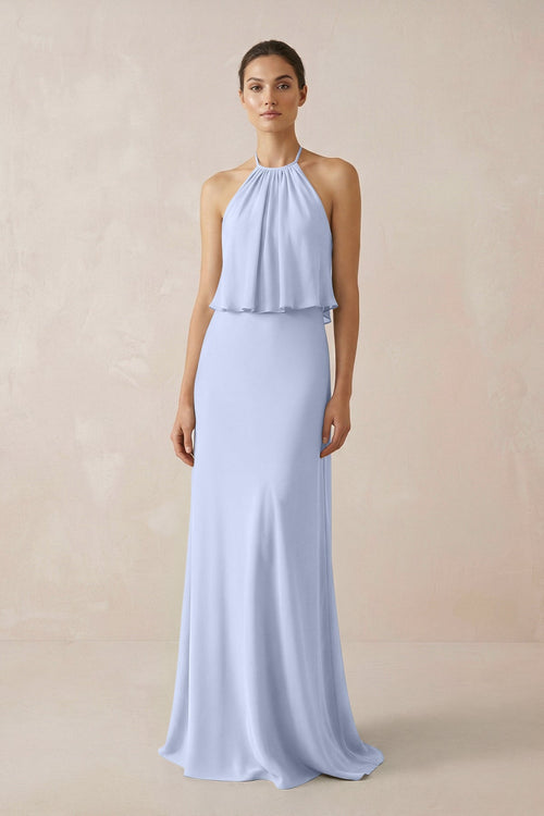 Halter Sheath Ruffled Chiffon Bridesmaid Dress in Ice - SHE IS ME Bridesmaid Dresses