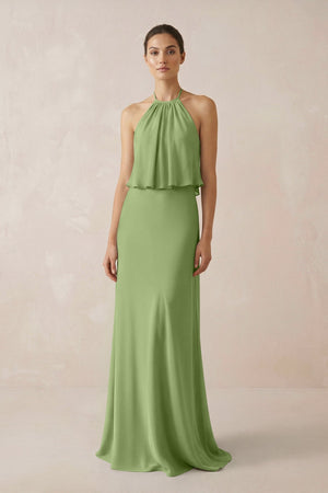 Halter Sheath Ruffled Chiffon Bridesmaid Dress in Matcha - SHE IS ME Bridesmaid Dresses