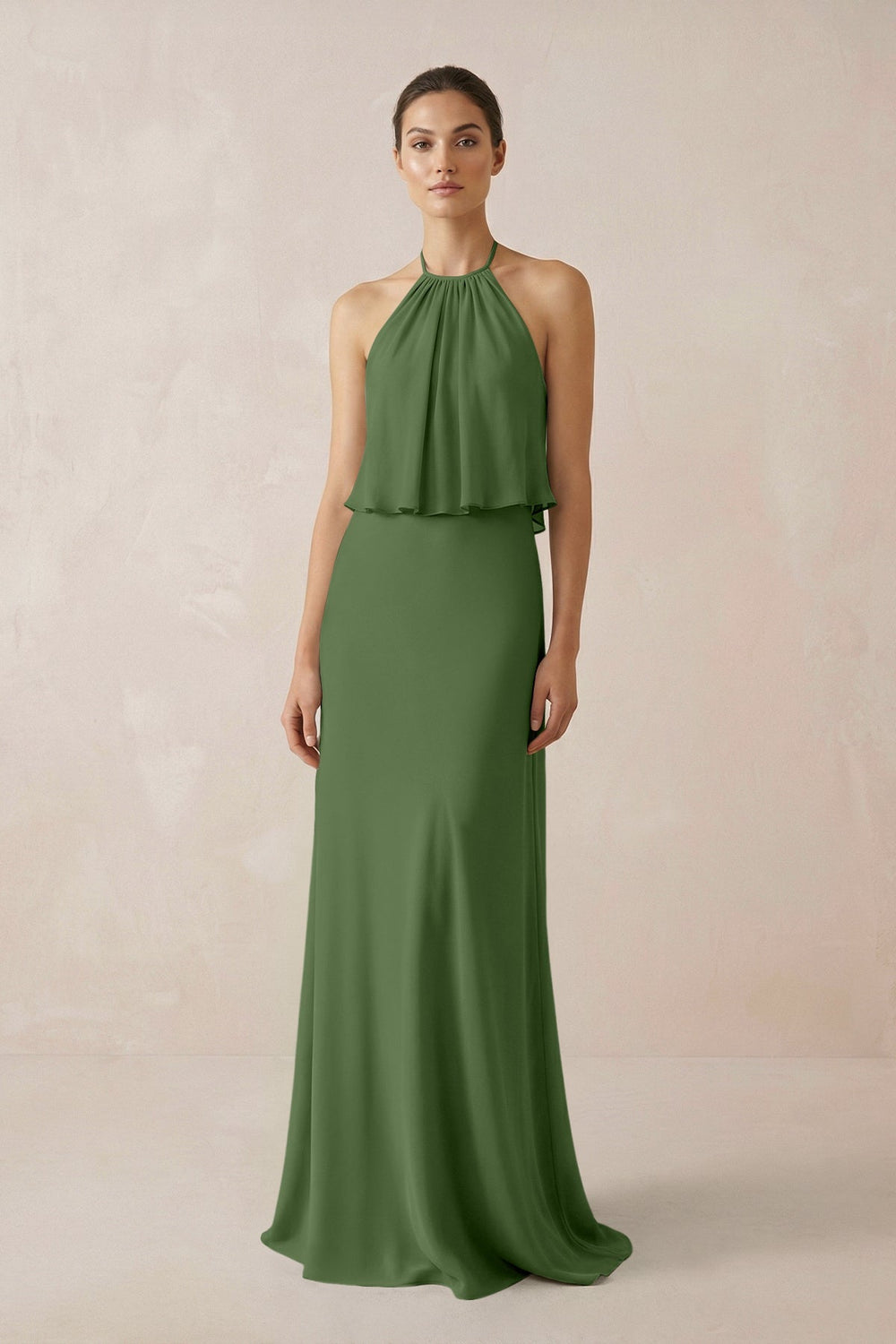 Halter Sheath Ruffled Chiffon Bridesmaid Dress in Moss - SHE IS ME Bridesmaid Dresses