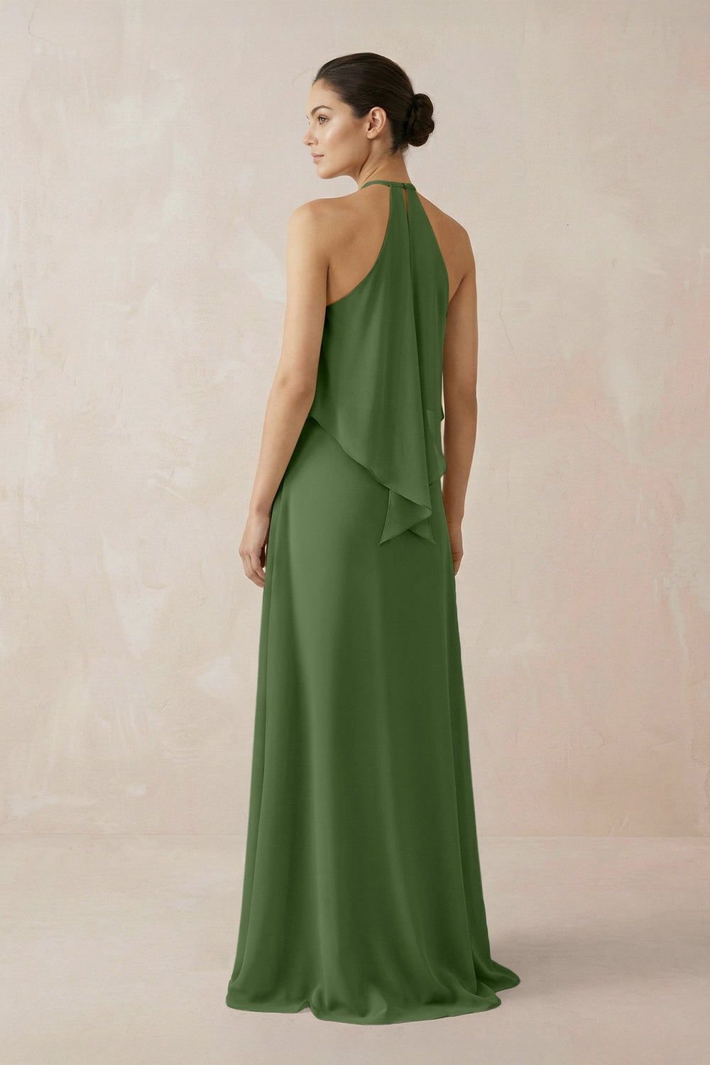 Halter Sheath Ruffled Chiffon Bridesmaid Dress in Moss - SHE IS ME Bridesmaid Dresses