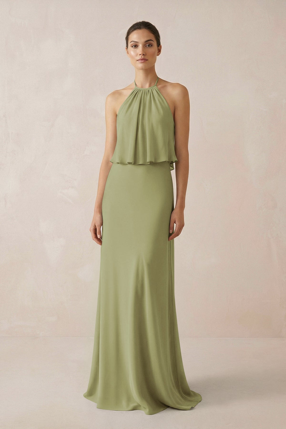 Halter Sheath Ruffled Chiffon Bridesmaid Dress in Moss Green - SHE IS ME Bridesmaid Dresses