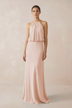 Halter Sheath Ruffled Chiffon Bridesmaid Dress in Pale Blush - SHE IS ME Bridesmaid Dresses