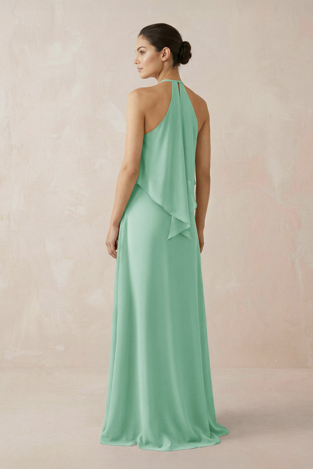 Halter Sheath Ruffled Chiffon Bridesmaid Dress in Pale Pistachio - SHE IS ME Bridesmaid Dresses