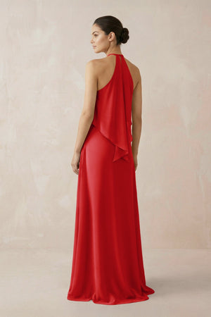 Halter Sheath Ruffled Chiffon Bridesmaid Dress in Ruby Red - SHE IS ME Bridesmaid Dresses