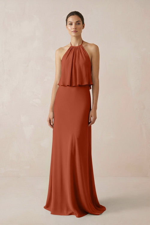 Halter Sheath Ruffled Chiffon Bridesmaid Dress in Spice - SHE IS ME Bridesmaid Dresses