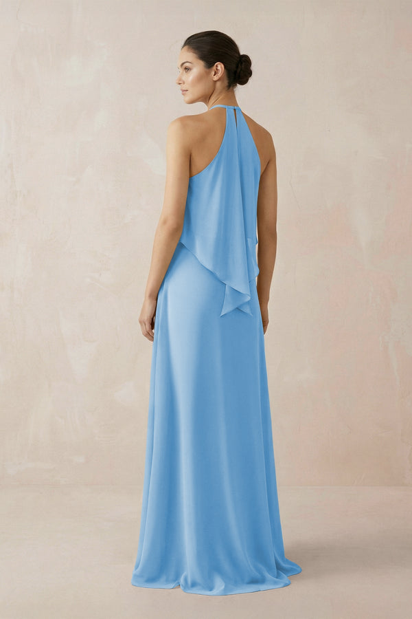 Halter Sheath Ruffled Chiffon Bridesmaid Dress in Steel Blue - SHE IS ME Bridesmaid Dresses