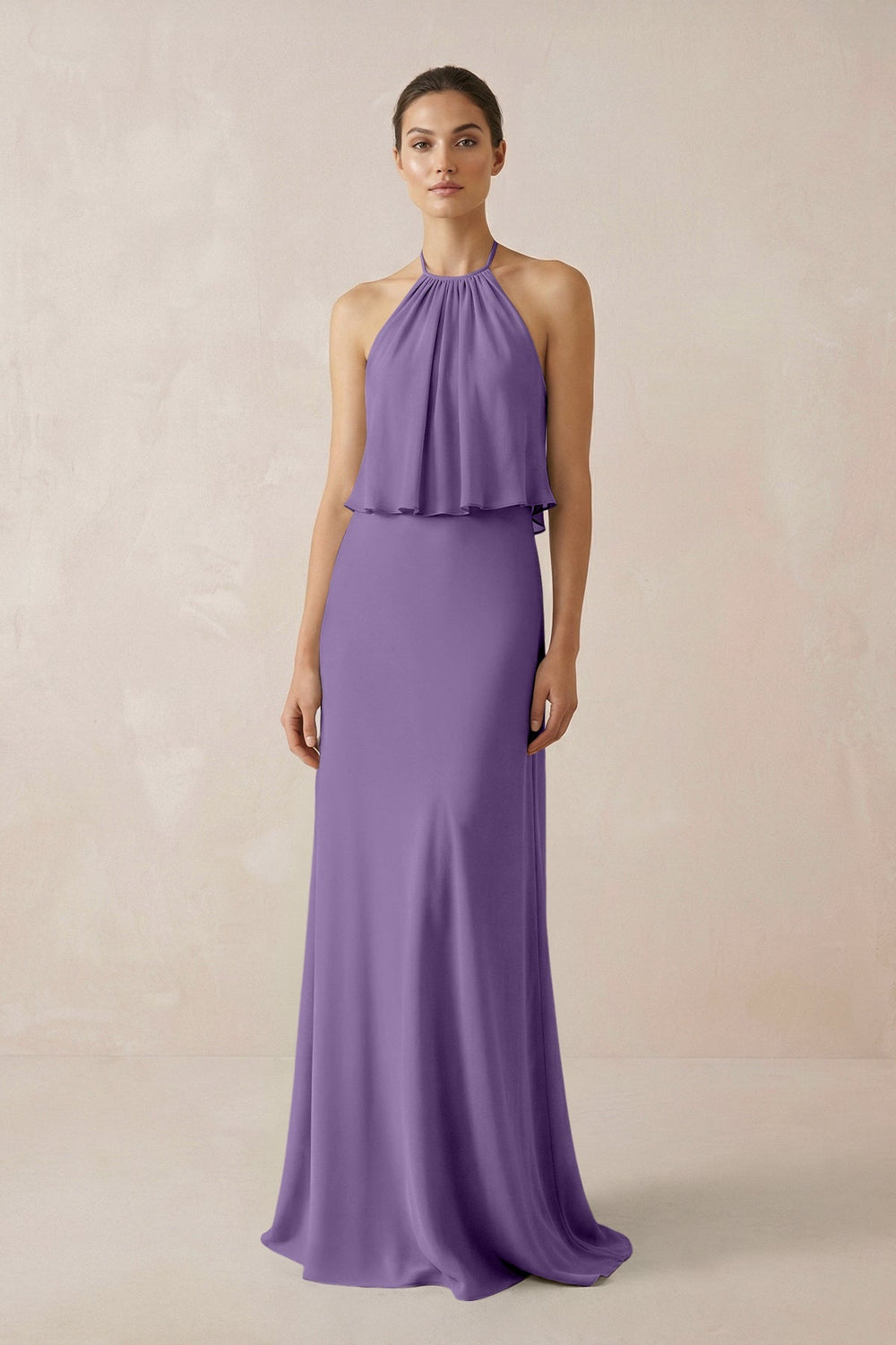Halter Sheath Ruffled Chiffon Bridesmaid Dress in Tahiti - SHE IS ME Bridesmaid Dresses