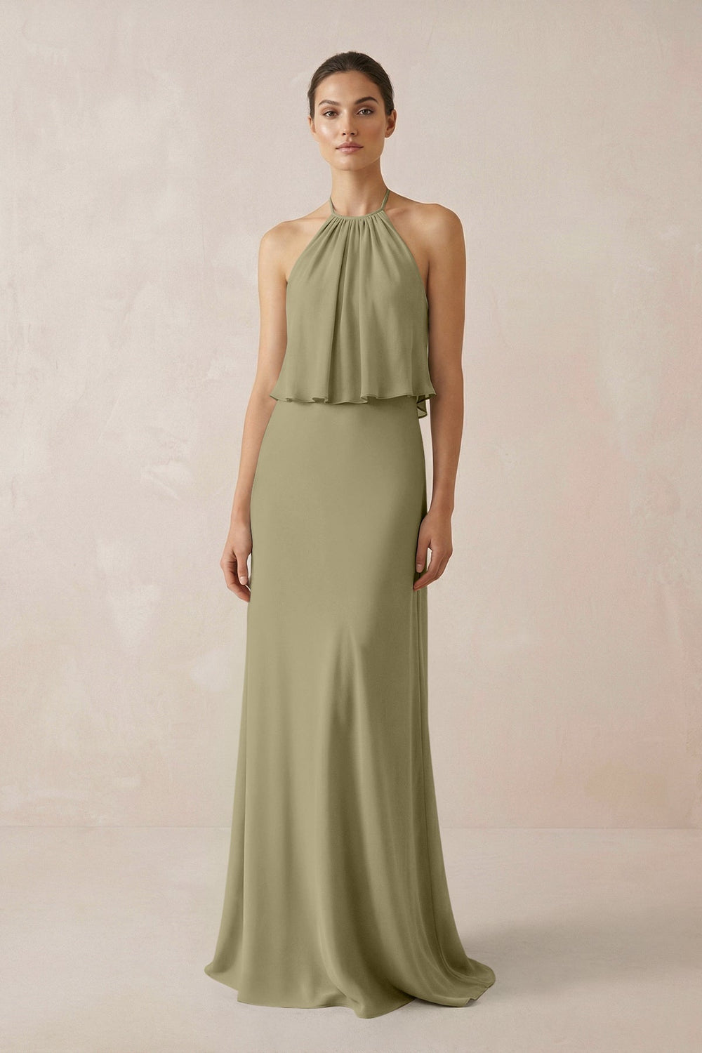 Halter Sheath Ruffled Chiffon Bridesmaid Dress in Thyme - SHE IS ME Bridesmaid Dresses