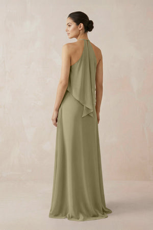 Halter Sheath Ruffled Chiffon Bridesmaid Dress in Thyme - SHE IS ME Bridesmaid Dresses